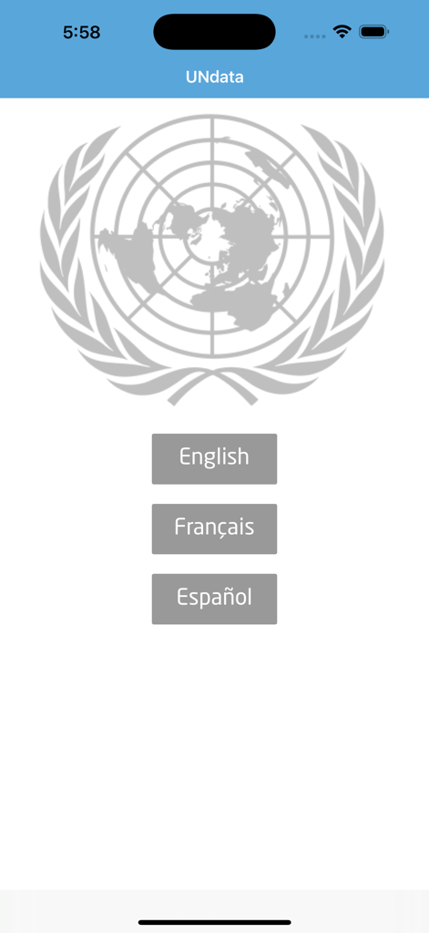 Pantalla de selección de idioma de la aplicación UNdata con opciones en inglés, francés y español, junto con el logotipo de las Naciones Unidas.