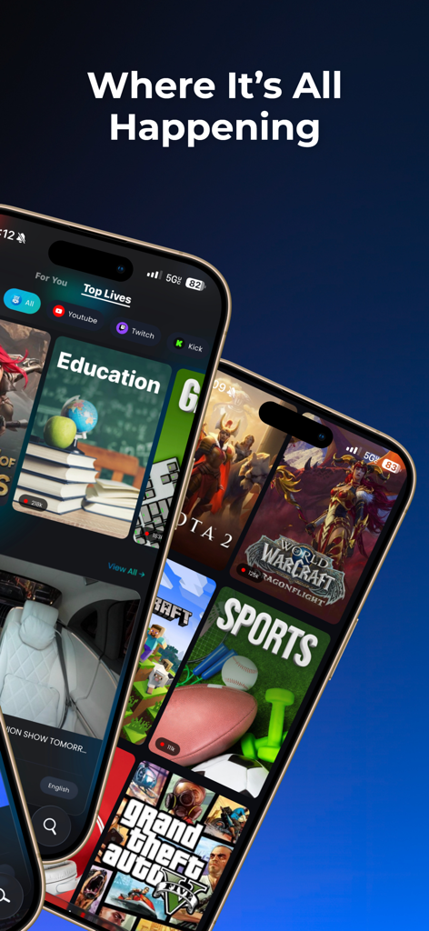 WhosLive: Live Streaming - ゲーム、スポーツ、教育のカテゴリにわたるTwitch、YouTube、Kickからのトレンドライブストリームを表示するWhosLiveアプリインターフェイス