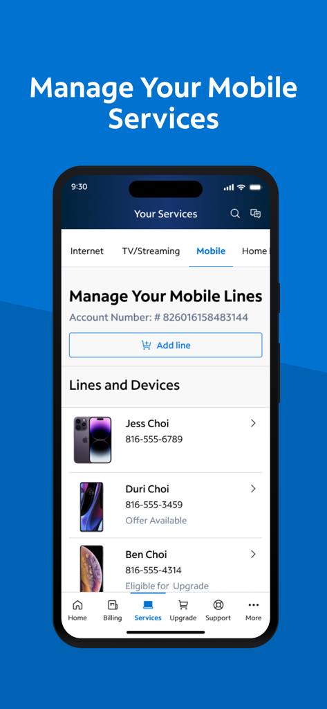 Uno schermo di smartphone dall'app My Spectrum che mostra una dashboard per gestire le linee e i dispositivi mobili.