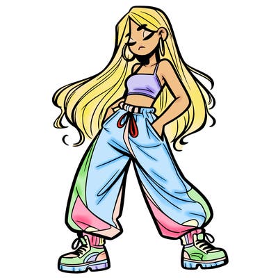 girl in baggy pants crop top and long hair