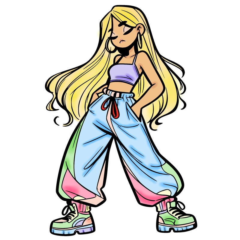 girl in baggy pants crop top and long hair