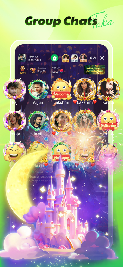 Interface da sala de bate-papo em grupo do aplicativo Taka mostrando vários perfis de usuário com molduras decorativas e efeitos de presentes animados como um castelo de conto de fadas e a lua.