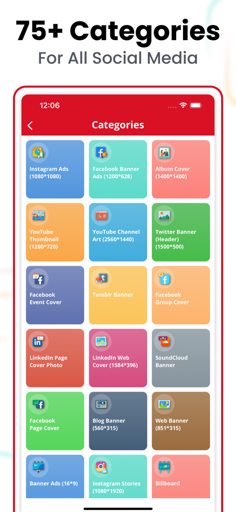 Thumbnail Maker, Banner Maker - A menu of over 75 social media design categories including YouTube thumbnails and banners