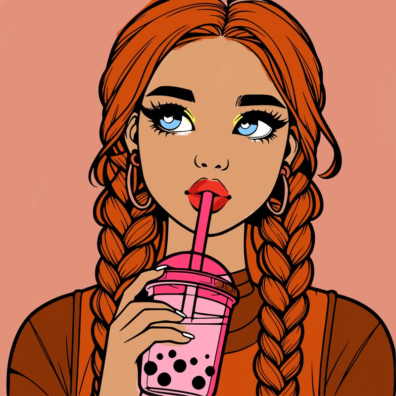 realistic girl with braided hair drinking boba