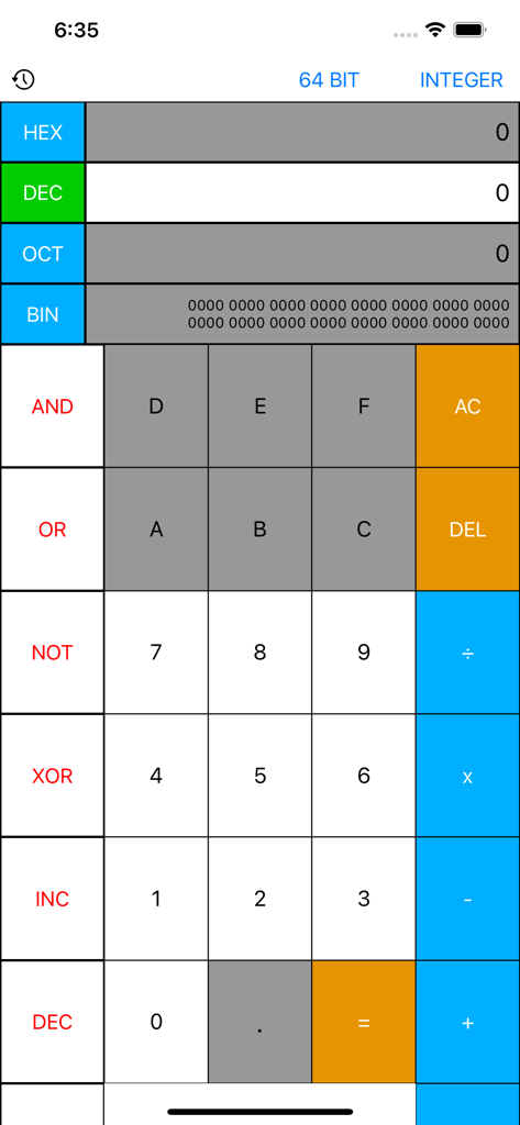 Main interface of Programmer Calculator Pro showing number base conversions and logical bitwise operations
