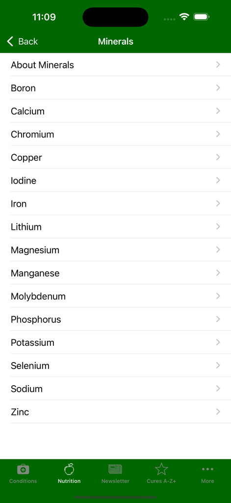 Cures A-Z - A list of minerals like calcium and magnesium in the Cures A-Z app nutrition section
