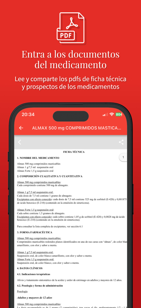 Vademecum 2025 Medicamentos - Almax에 대한 의료 기술 데이터 시트를 PDF 형식으로 보여주는 Vademecum 2025 앱 인터페이스