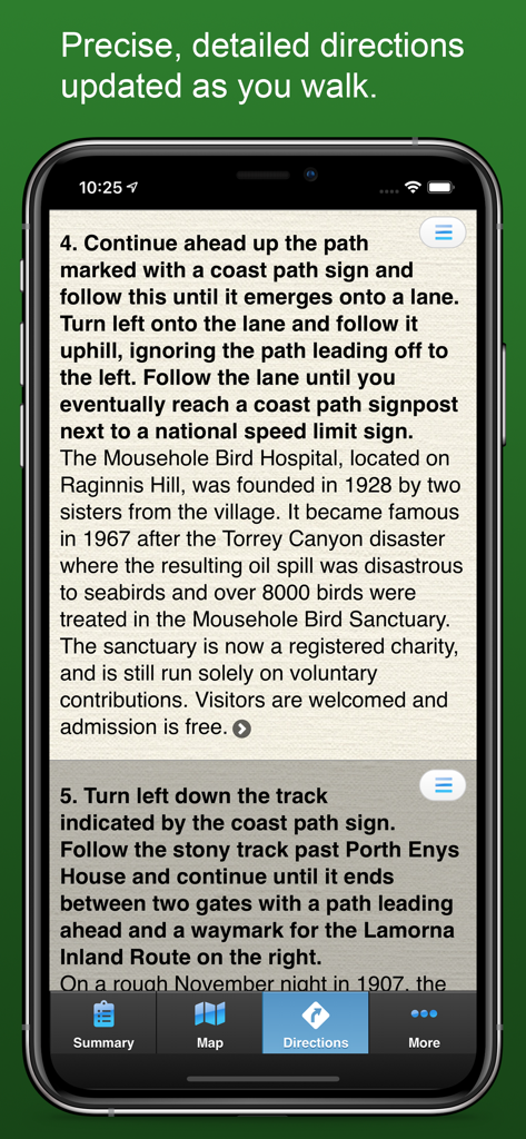 Detailed walking directions and local points of interest displayed on the iWalk Cornwall app.