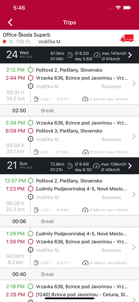 Mobile app interface showing detailed vehicle trip logs and fuel efficiency data