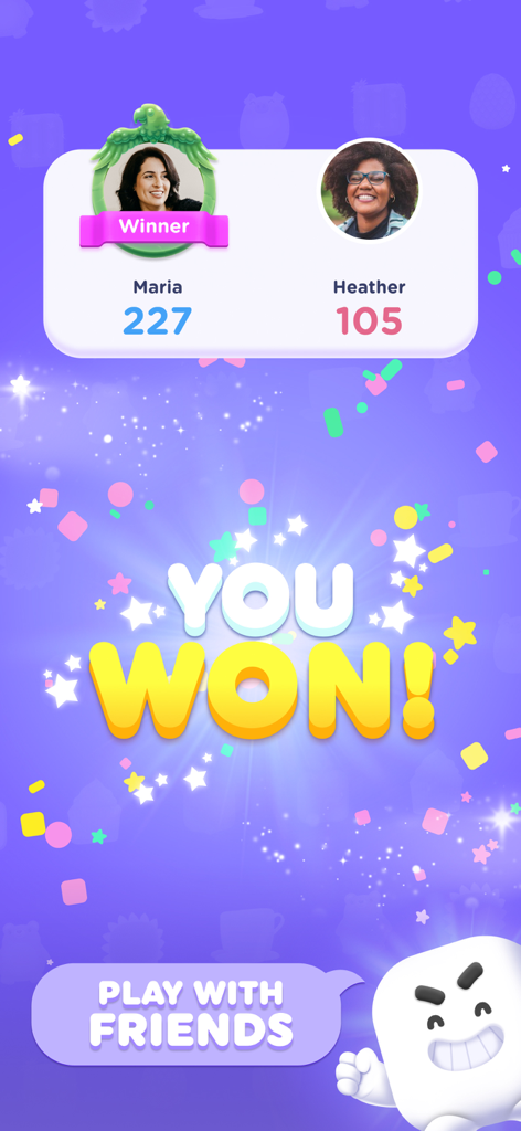 Wordzee! - Puzzle Word Game - Wordzeeの勝利画面。お祝いのグラフィックで友達との試合に勝利したプレイヤーを表示しています。