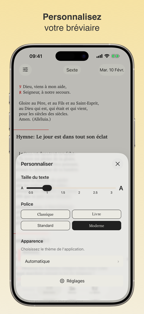 Menú de personalización en la aplicación Liturgie mostrando opciones de tamaño de texto, estilo de fuente y temas de apariencia