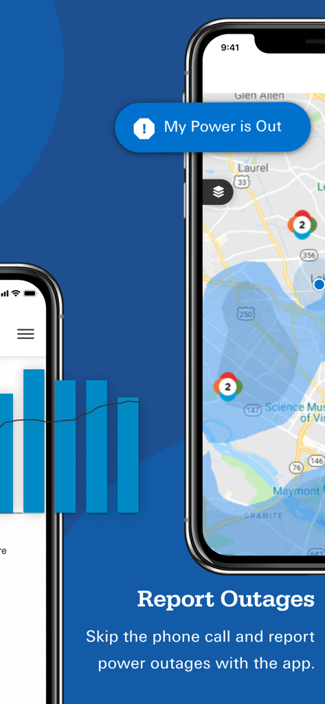 Dominion Energy app interface for reporting a power outage with a real time map