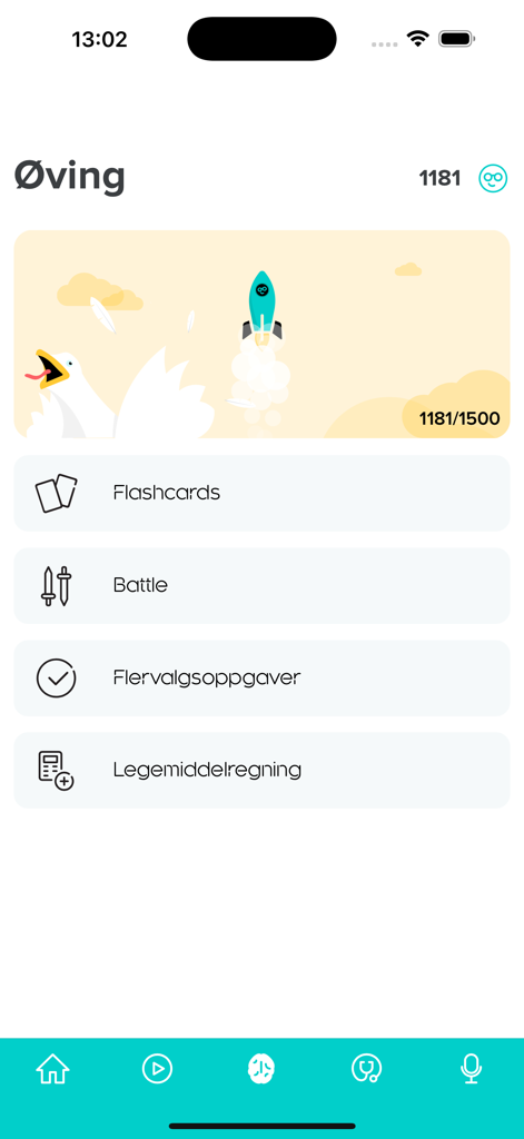 MedEasy - The MedEasy app practice menu showing options for Flashcards Battle mode Multiple Choice Questions and Drug Calculation.
