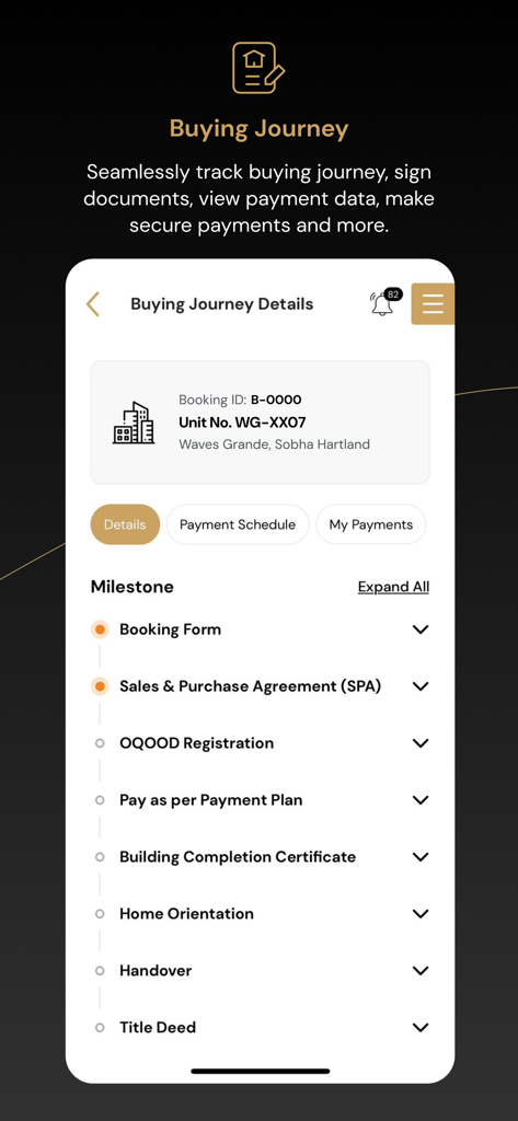 ONE Sobha App - Interface of ONE Sobha app showing the property buying journey milestones including SPA and Title Deed