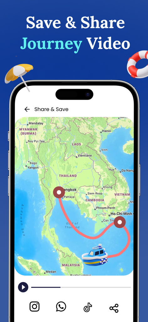 Animated travel map showing a boat journey on a route in Southeast Asia with social media share icons