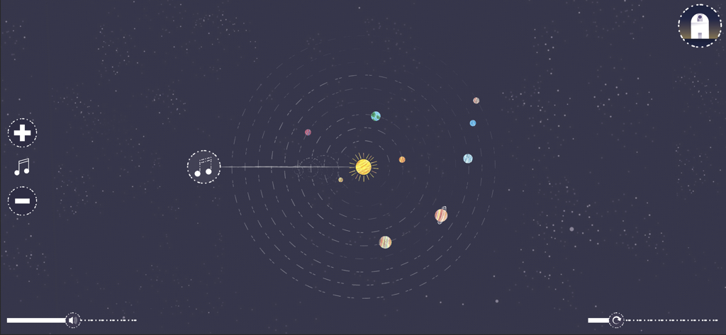 myUniverse - a cosmic journey - An interactive solar system interface in the myUniverse app showing planets orbiting the sun with integrated musical composition icons.