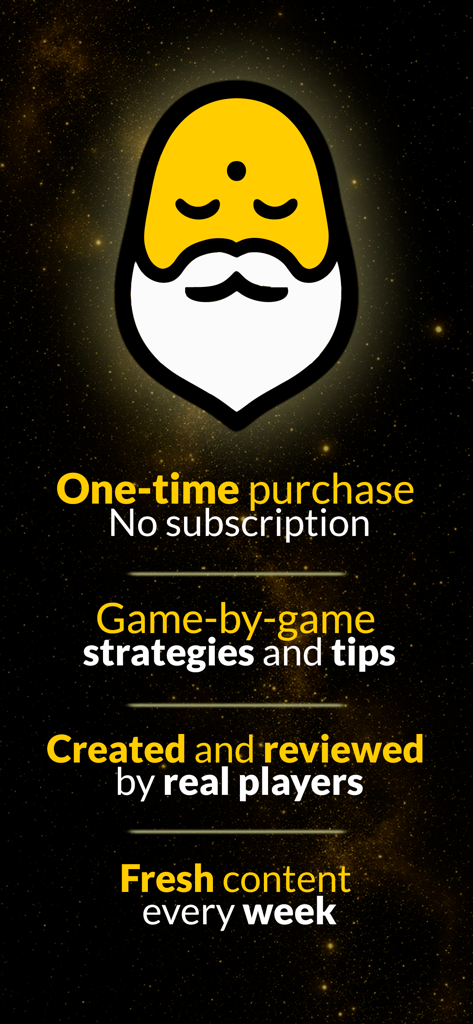 Board Game Guru app interface showing one-time purchase benefit and weekly board game strategy updates.
