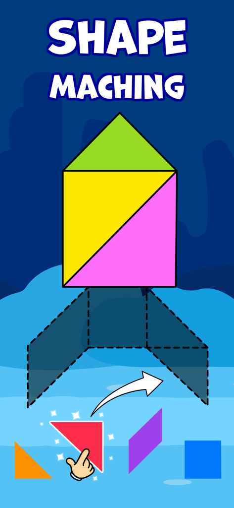 Schermata di gioco educativo per bambini con un colorato puzzle di abbinamento di forme tangram.