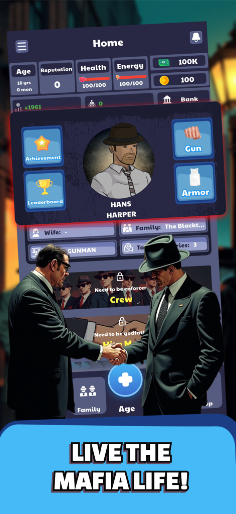 Mafia Life Crime Boss mobile game interface showing character stats and progress.