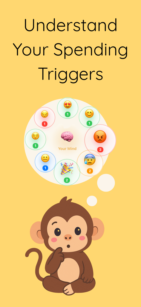 Stop Compulsive Shopping - MindfulMonkey app screen showing emotional spending triggers with a cartoon monkey and various mood emojis