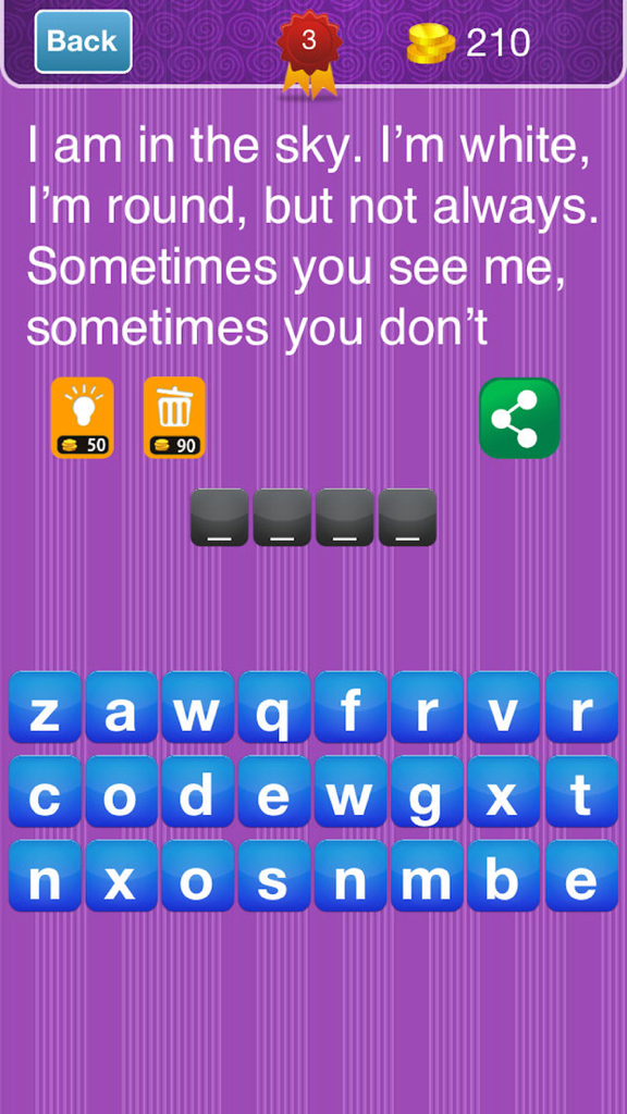 Riddle Me Now - Riddle Me Now mobile game interface showing a riddle and letter tiles to find the answer