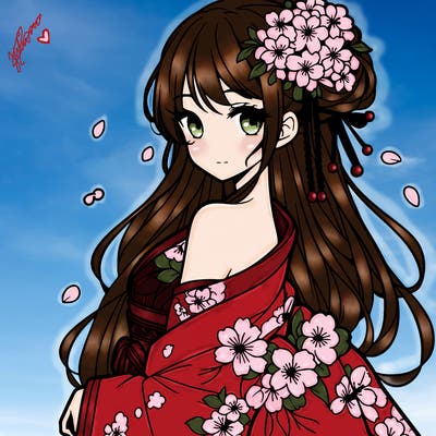a beautiful anime girl in a cherry blossom kimono