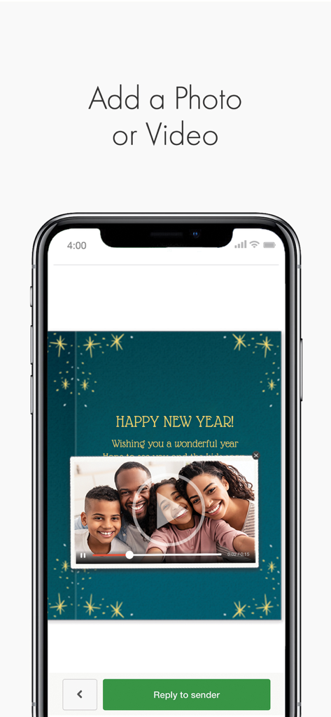Punchbowl: Invitations & Cards - A New Year greeting card featuring a personalized family video message on the Punchbowl mobile app