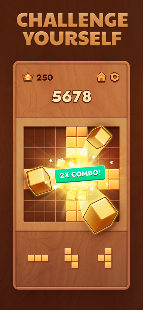 Woodoku - Wood Block Puzzles - Schermata del gioco mobile Woodoku che mostra una plancia di puzzle di blocchi di legno con un effetto combo 2X e punteggio