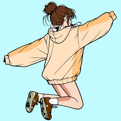 realistic girl jumping with a bun and oversized sweatshirt