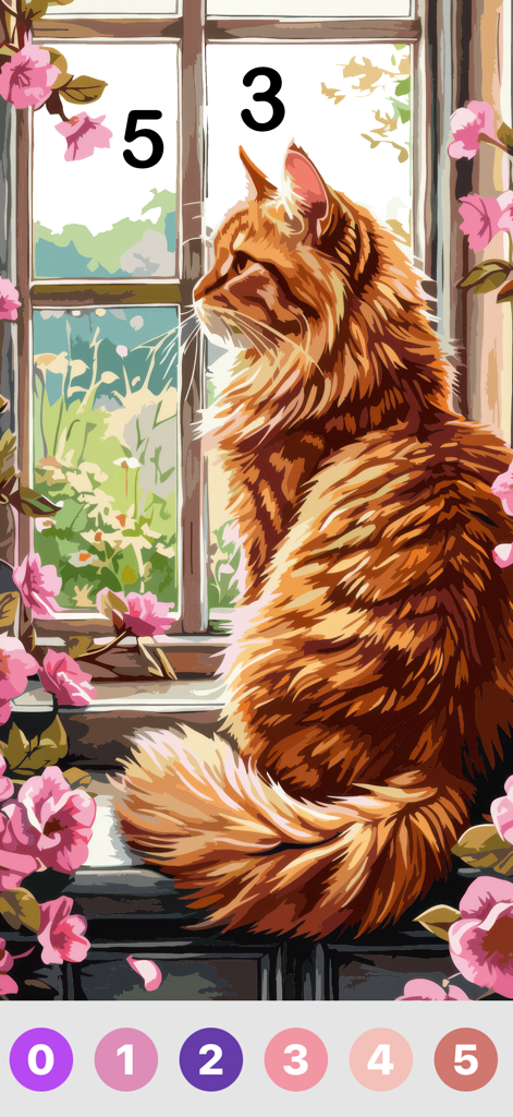 Oil Painting : Color By Number - An orange cat sitting by a window in a color by number digital oil painting interface with pink flowers