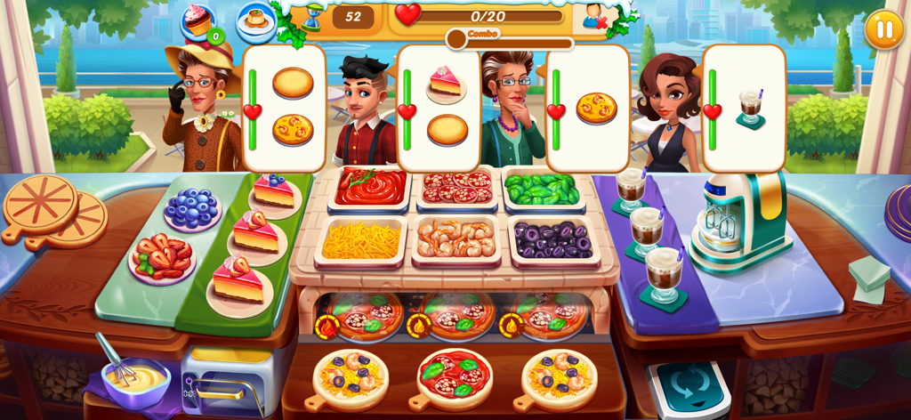 Gameplay screen of Cooking Earth Chef's Game showing a pizza and dessert restaurant counter with customers