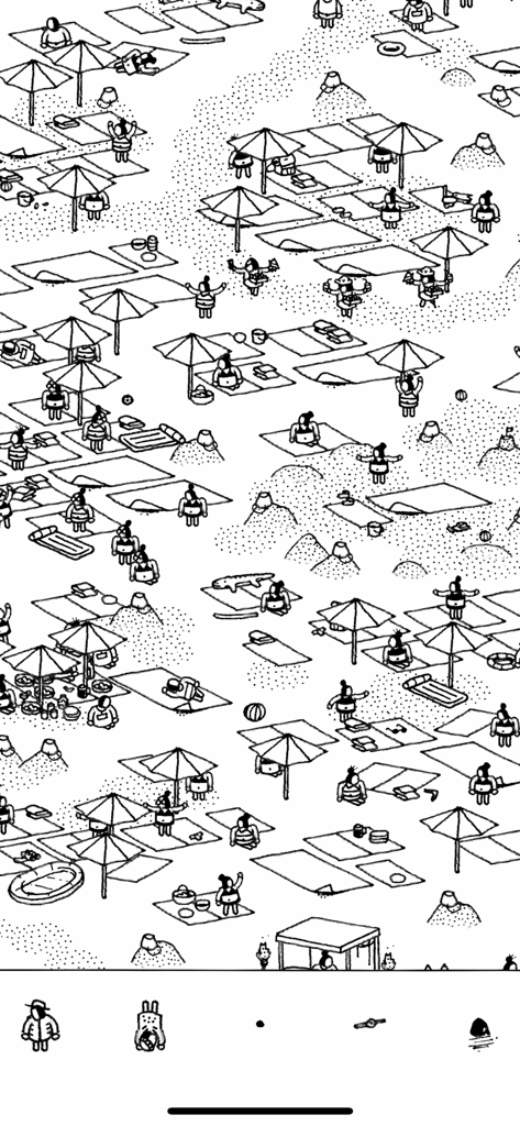 Hidden Folks - Black and white hand-drawn beach landscape with interactive miniature characters.