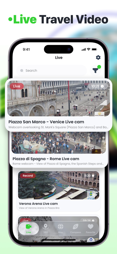 Live World Map - Tela de smartphone mostrando feeds de câmera ao vivo de destinos turísticos populares como Veneza e Roma.