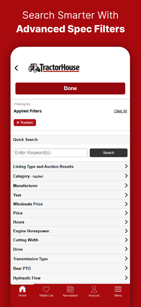 TractorHouse: Farm Equipment - TractorHouse app screen showing advanced search filters for agricultural machinery including horsepower and price