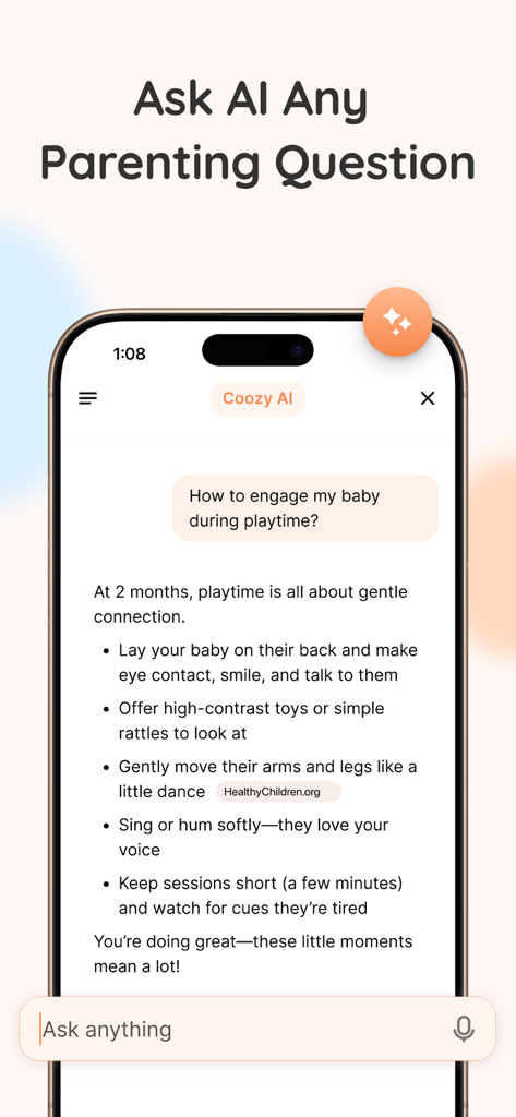 Coozy AI assistant interface answering a question about engaging a two month old baby during playtime.