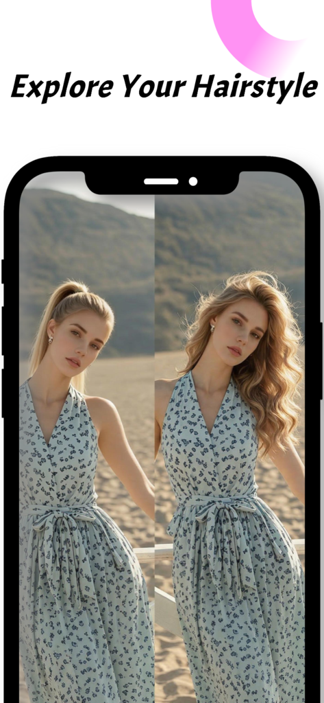 Hair Lab: Hair Style & Color - A smartphone showing a split-screen comparison of a woman trying on different blonde hairstyles using the Hair Lab app