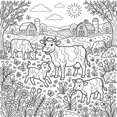 Welcome spring with this delightful coloring page featuring happy dairy cows and their playful calves enjoying a sunny farm meadow. Immerse yourself in a scene bursting with blooming flowers and the joy of new life.