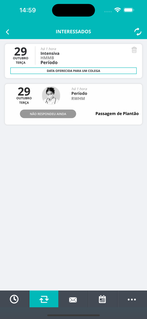 Plantão Médico - Interface do aplicativo Plantão Médico mostrando transferências de plantão médico e ofertas de colegas.