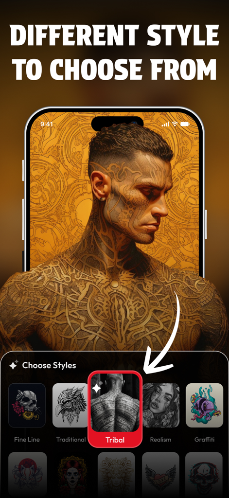 Tattoo Design : Tattoo AI - Interfaz de la aplicación Tattoo AI que muestra diferentes estilos de tatuaje para elegir, incluyendo tribal y de línea fina