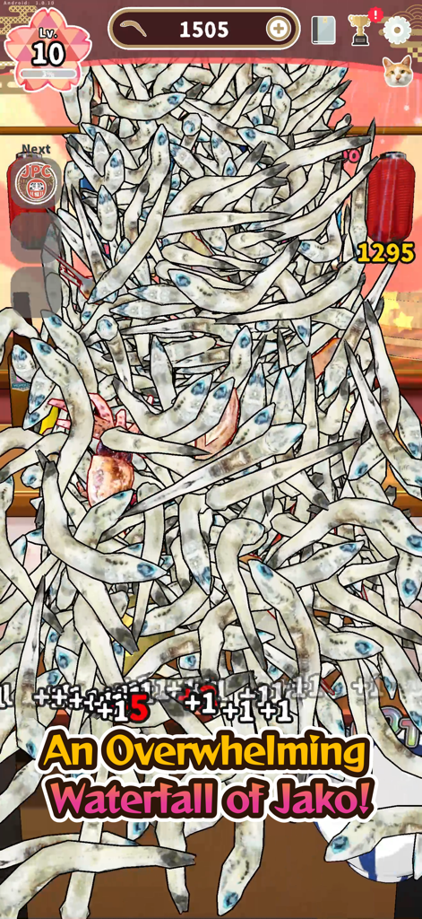 Jako Collection - A screen filled with a massive pile of dried sardines in the Jako Collection mobile game