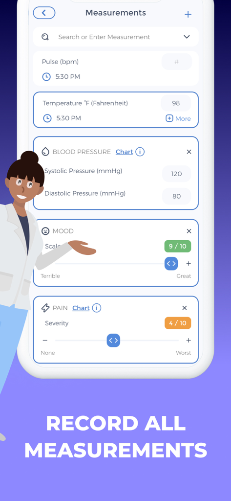 Pill Reminder & Tracker App - Pill Reminder app interface for recording health measurements including blood pressure, mood, and pain.