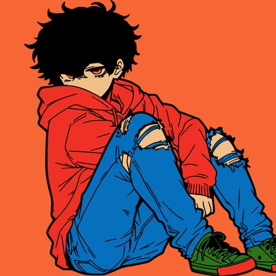 a male hoddie ripped jeans messy hair anime