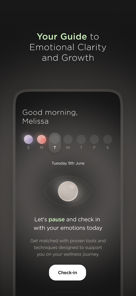 Nebbi App - Nebbi app dashboard featuring a personalized daily emotional check in prompt and mood tracking calendar