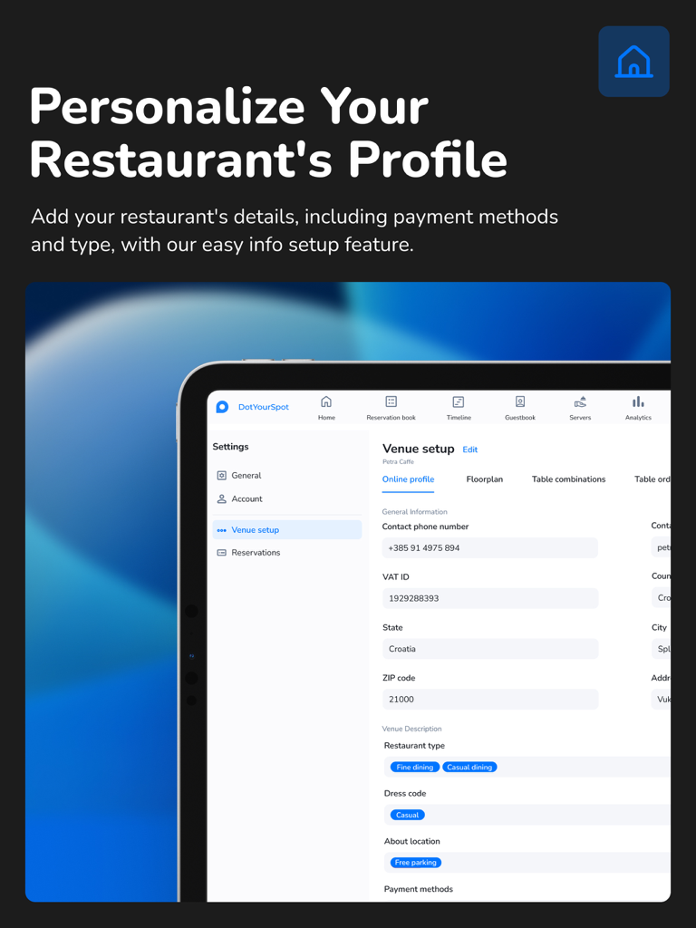 dotyourspot business | tablet - レストラン管理アプリの会場設定とプロフィールのパーソナライズを表示するiPad画面