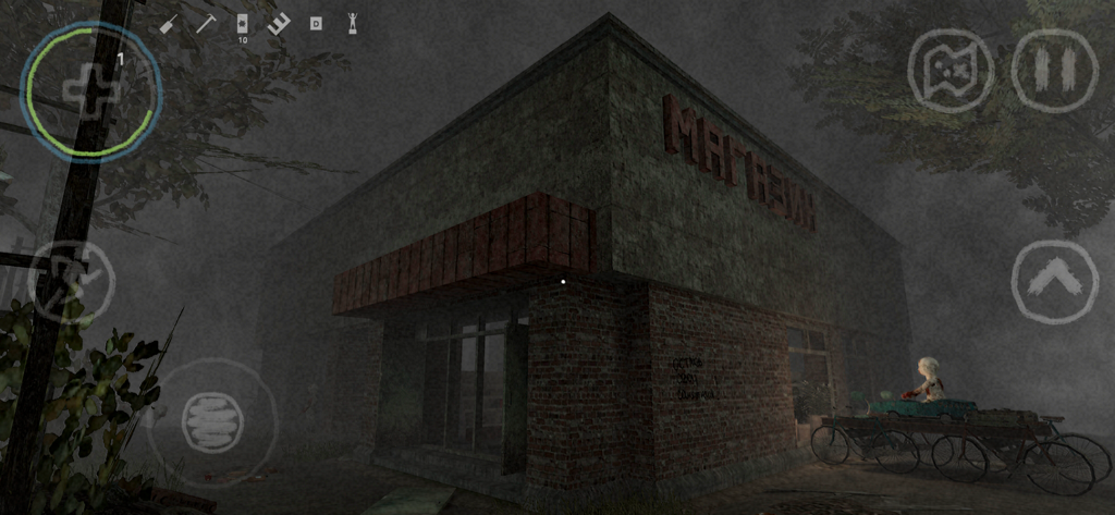 Soviet Project: Horror game - A gameplay screenshot of Soviet Project Horror game showing a dark abandoned shop in a foggy environment with a creepy doll on a cart.