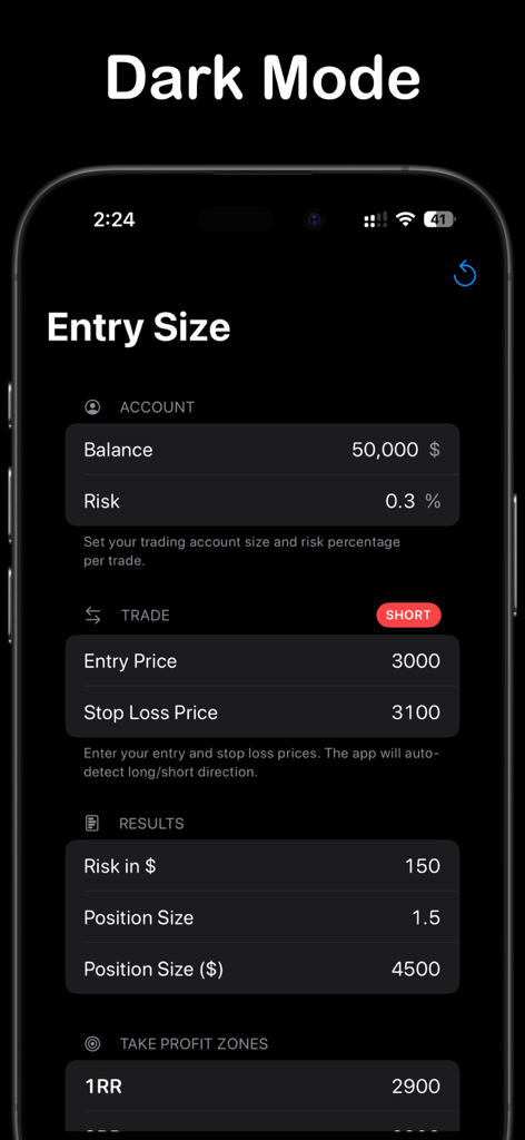 Trade Position Size Calculator - Trade Position Size Calculator app interface in dark mode showing entry size results and risk management calculations