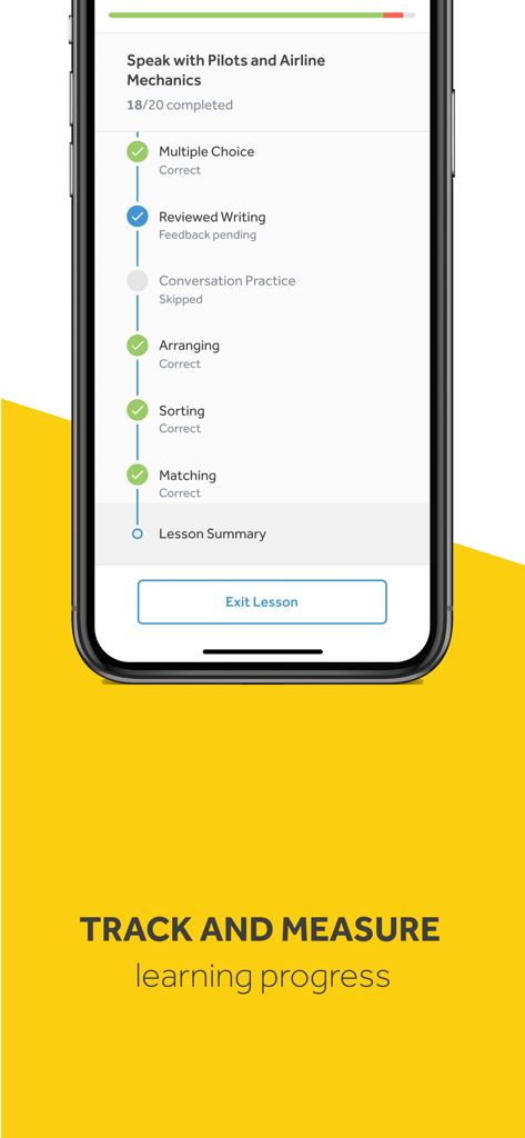 Rosetta Stone: Fluency Builder - Interfaccia di Rosetta Stone Fluency Builder che mostra i progressi delle lezioni e il monitoraggio dell'apprendimento.