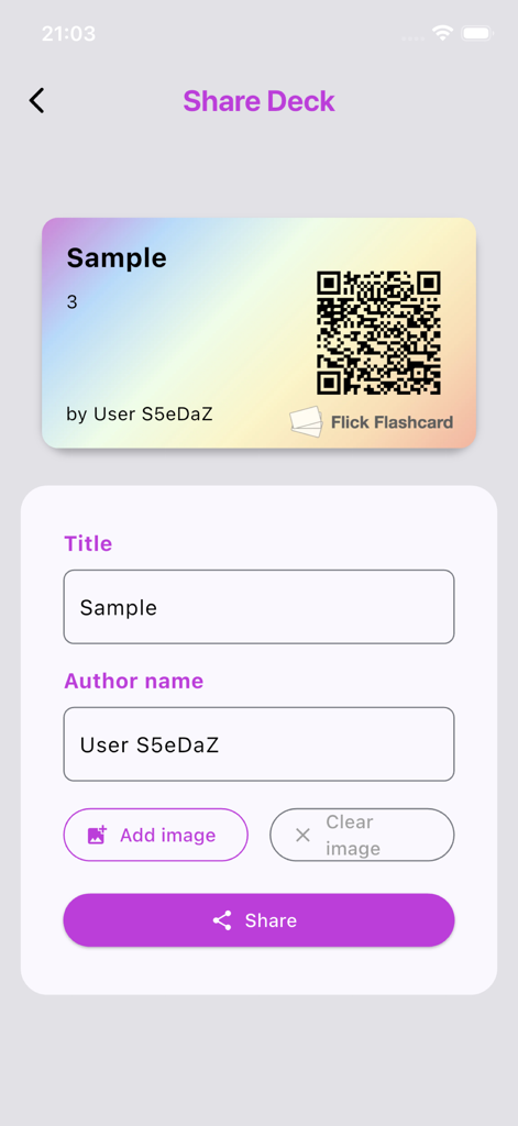 Captura de tela do aplicativo Flick Flashcard mostrando a tela Compartilhar Baralho com um cartão de código QR colorido e campos para título e nome do autor.
