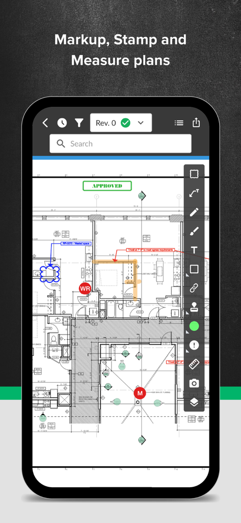 Plano de construcción digital con anotaciones de revisión y herramientas de medición en la aplicación móvil STACK.