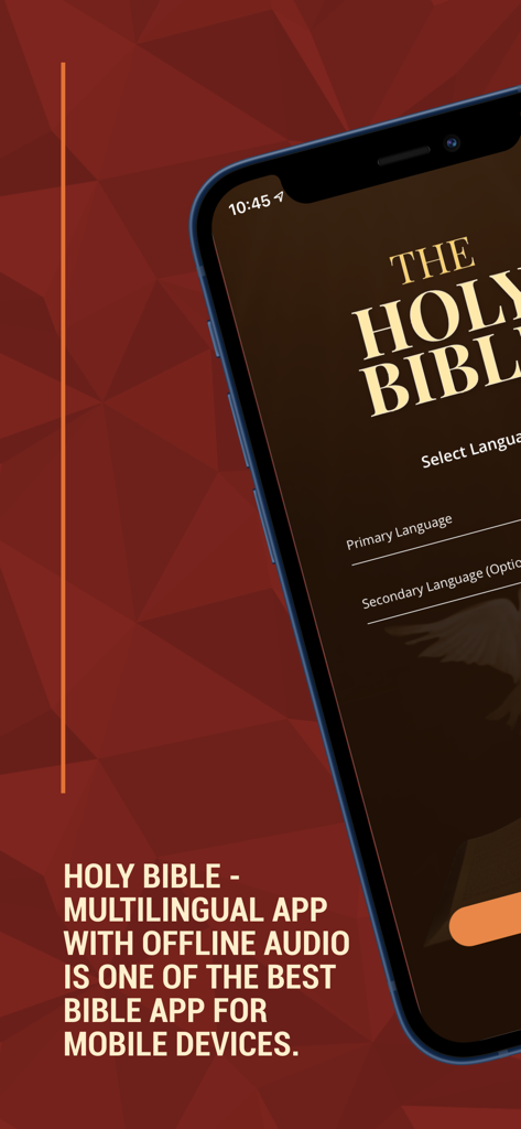 Holy Bible - Multilingual App - Smartphone screen showing the Holy Bible Multilingual App welcome page with language selection for primary and secondary translations